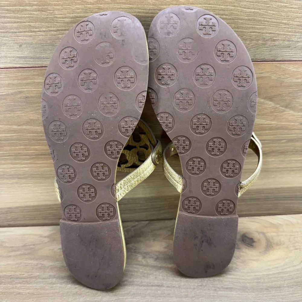 Tory Burch Miller Flip Flops 9 M Gold Pebble Leather Vacation Resort